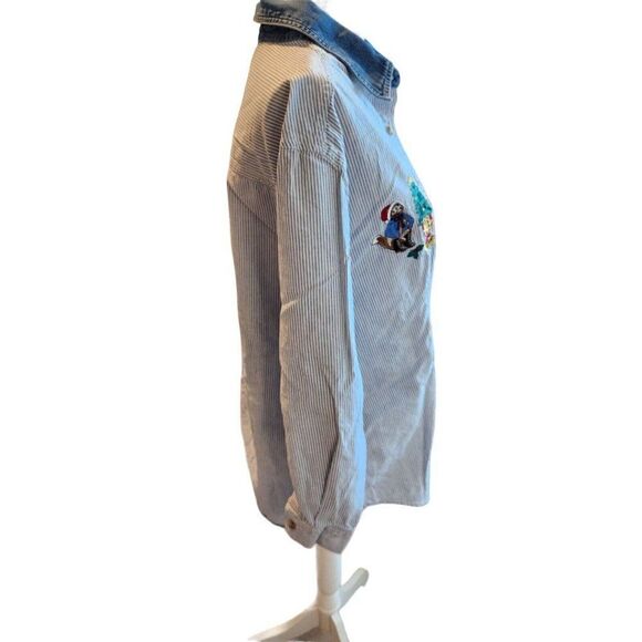 Vintage 90s Christmas Button Up Shirt 18W Denim Pin Stripe Blue Embroidered - Picture 4 of 6